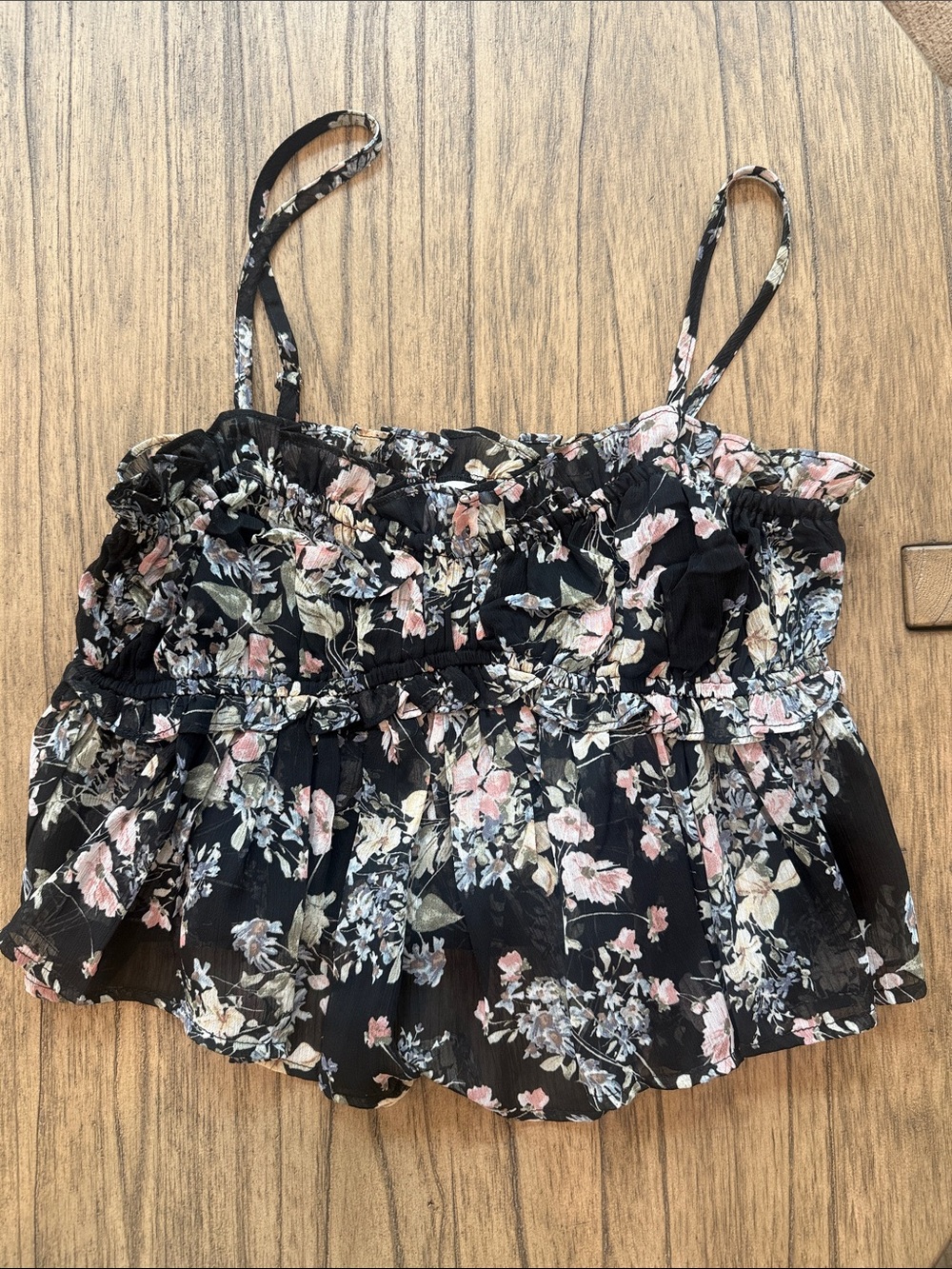 Smocked Floral Cami Tank Top - Black with Pink & Cream Blooms